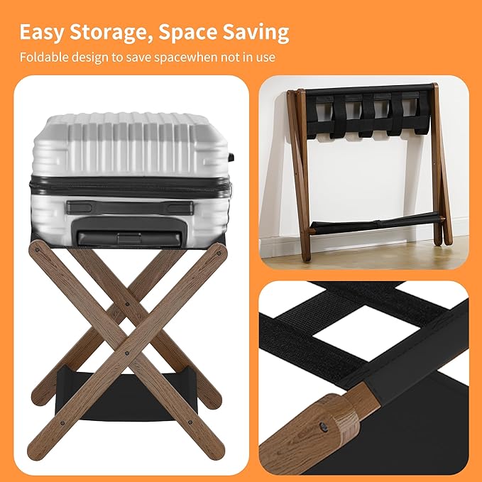 Heybly Luggage Rack, Folding Suitcase Stand with Storage Shelf, Heavy-Duty Luggage Holder for Guest Room Bedroom Hotel, Holds up to 165 lb, Walnut, HLR010WB2
