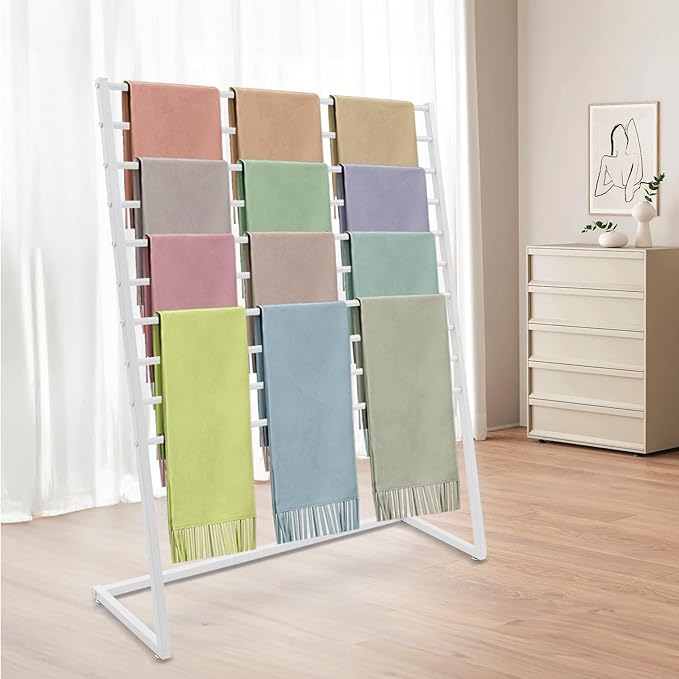 Scarf Organizer, Metal Hijab Organizer, 10 Tier Scarf Holder Hanger for Multiple Scarves, Freestanding Hijab Stand Belt Pants Hanging Rack for Home, Commercial, Clothing Store (White, 120cm)