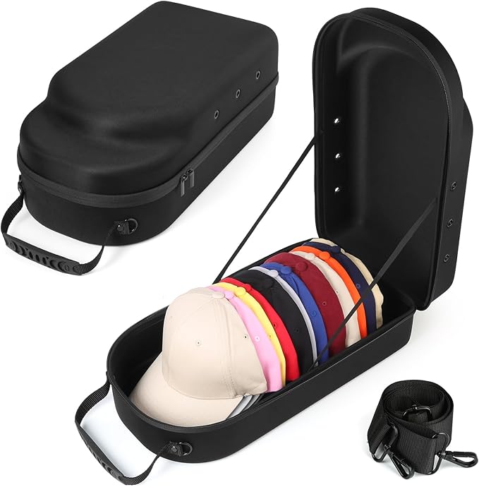 Hard baseball hat case, Hat Carrier Travel Case with Adjustable Shoulder Strap, Hat cap case for 12 Baseball Caps - Perfect for Traveling & At-Home Storage (Black)