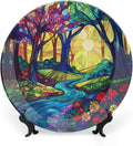 Stained Glass Theme Decorative Ceramic Plate Round Porcelain Plate,10 inch,Sunrise Forest Stream Pattern,for Decorative Ornaments Giving Plates, 1 Plate with 1 Display Stand,Multicolor