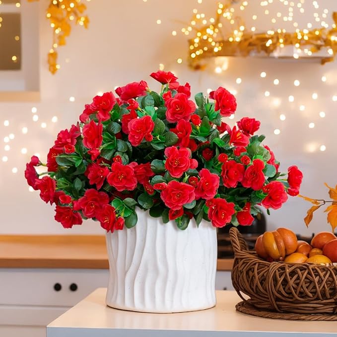 Artificial Christmas Flowers for Spring Outdoor Outside Decor, Fake Silk Red Camellia Flower UV Resistant Realistic Plants for Planter Front Door Porch Patio Table Indoor Holiday, 3 Large Bundles