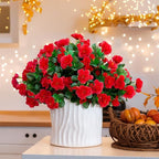 Artificial Christmas Flowers for Spring Outdoor Outside Decor, Fake Silk Red Camellia Flower UV Resistant Realistic Plants for Planter Front Door Porch Patio Table Indoor Holiday, 3 Large Bundles