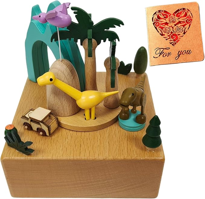 Briskfeel Wooden Jurassic Dinosaurs Music Box - Moving Car & Dinosaur, Mechanical Musical Box, Gift for Dinosaur Lovers and Music Box Enthusiasts, Unique Desk Decoration