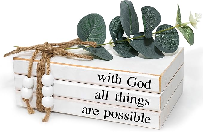 3 Pieces Wooden Decorative White Books, Rustic Farmhouse Faux Books for Coffee Table Shelves with Wood Bead Tassels and Leaves, 7'x 4.6'x 2.5' (with God, All Thigs, are Possible)