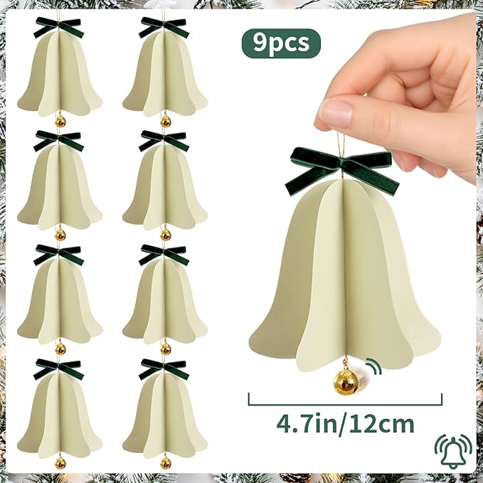 Christmas Bell Ornaments Christmas Tree Decorations Paper Hanging Bell Ornaments for Xmas Tree Décor, New Years Party Winter Xmas Party Holiday Home Decor,Ceilings Decor 9 PCS