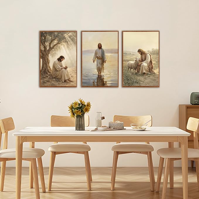 KAlRNE Vintage Christian Framed Canvas Wall Art Set of 3(16”X24”),Jesus Bible Story Wall Decor,Spiritual Religious God Painting,Neutral Inspirational Beige Art Prints For Living Room Bedroom Church