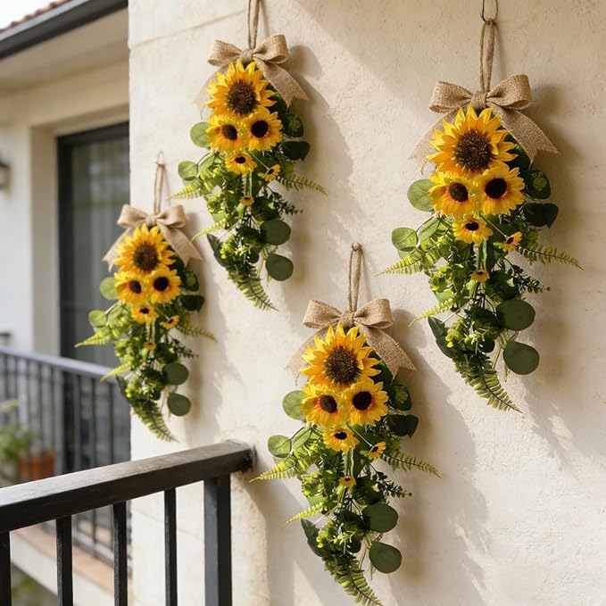 24in Artificial Sunflowers Teardrop Swag Spring Summer Sunflowers Floral Swag Wreath with Burlap Bow Fake Yellow Sunflower Garland for Front Door Indoor Outdoor Window Home Decor