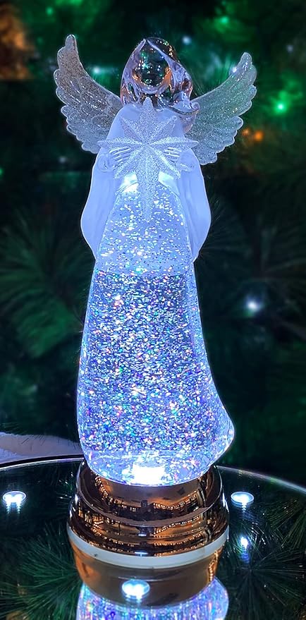 Christmas Angel Snow Globe Water Spinner LED Light Battery Operated Glitter Angel Figurine 12.8” Tabletop Christmas Decoration Holiday Home Décor by Moments in Time