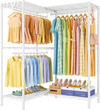 E15 Garment Rack L Shaped Clothes Rack for Corner，Freestanding Clothing Racks for Hanging Clothes，Heavy Duty Closet Organizer with 4 Hanging Rods & 8 S Hooks，43.4" W x 15.8" D x 78.4" H，White