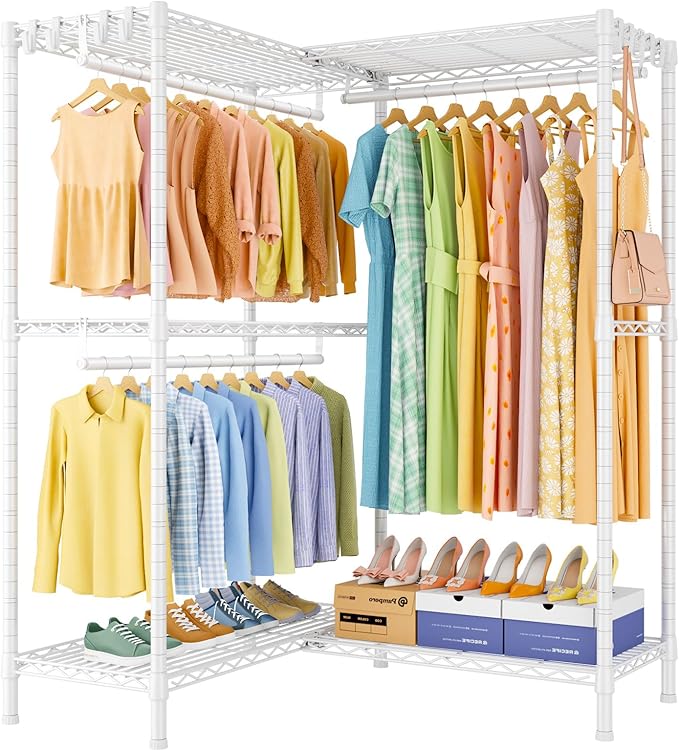 E15 Garment Rack L Shaped Clothes Rack for Corner，Freestanding Clothing Racks for Hanging Clothes，Heavy Duty Closet Organizer with 4 Hanging Rods & 8 S Hooks，43.4" W x 15.8" D x 78.4" H，White
