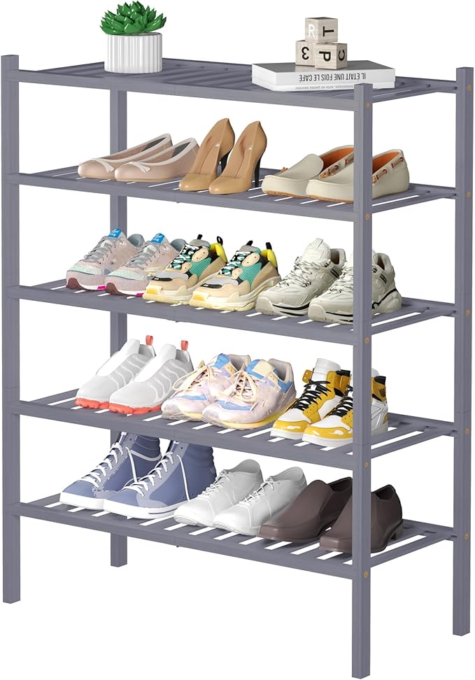 5 Tier Bamboo Shoe Rack for Closet Free Standing Wood Shoe Shelf for Entryway Small Space Stackable 27"x11"x33" (Grey)
