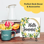 Lemon Daisy Wooden Sign Desk Decor - Hello Summer Wood Plaque with Support Stand, Summer Gifts for Women Men, Home Kitchen Office Farmhouse Shelf Desk Decor Accessories