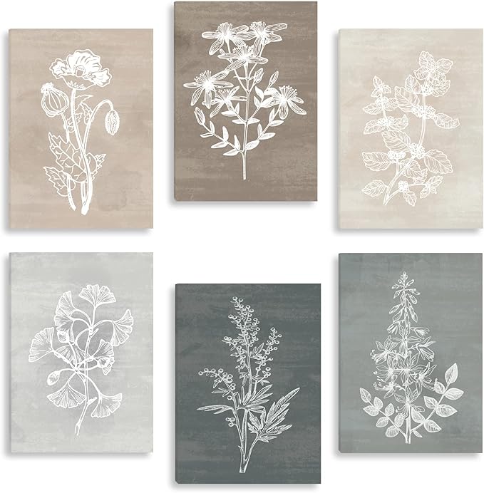 BINCUE Neutral Botanical Plant Canvas 6 Pieces Wall Art Rustic Wall Decor Farmhouse Wall Paintings Botanical Prints Simple Plants Wall Pictures Minimalist Flower Decor for Living Room Bedroom Bathroom Office Dining Room 12"x 16"