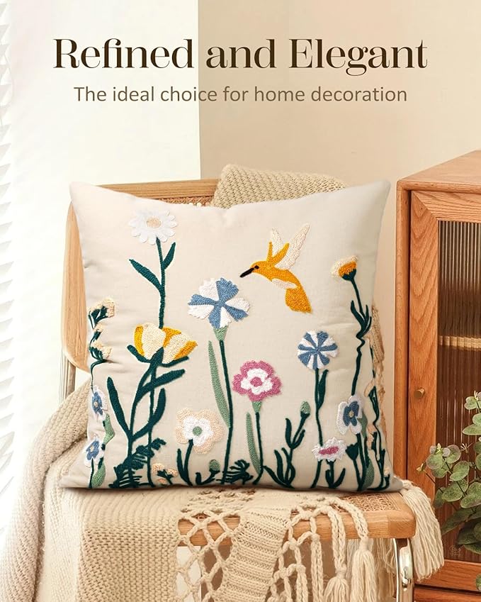 Embroidered Throw Pillow Cover 18x18 Inch - Spring Summer Boho Decorative Pillow Cover with Zipper for Living Room Couch Sofa Bed Aesthetic Design Flower Bird Cushion Pillowcase
