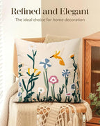 Embroidered Throw Pillow Cover 18x18 Inch - Spring Summer Boho Decorative Pillow Cover with Zipper for Living Room Couch Sofa Bed Aesthetic Design Flower Bird Cushion Pillowcase