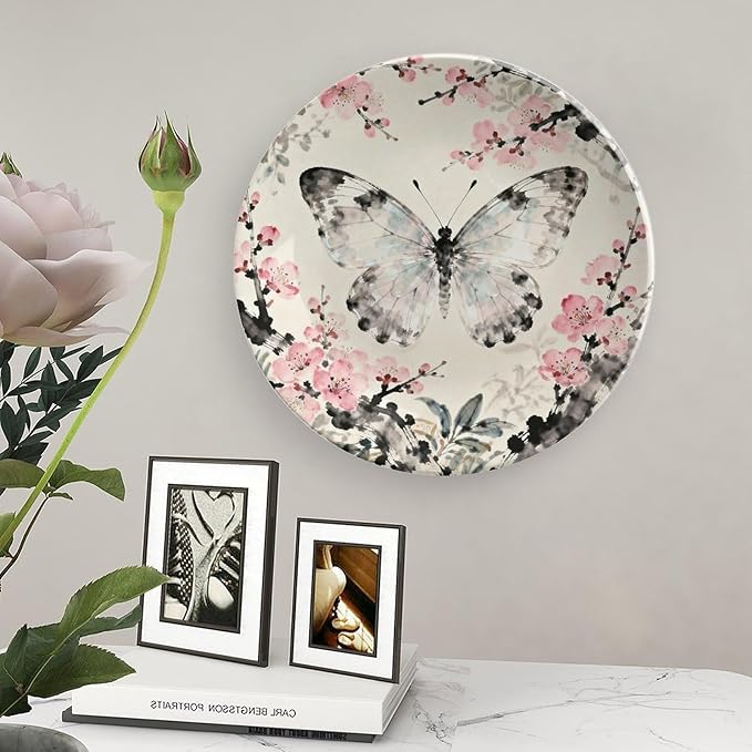Customize Gifts Plates Ceramic, William Morris Pink Floral And Butterflies Porcelain Dessert Plate Set Household with Display Stand, Rustic Decor for Kitchen Art Decoration Festival, 6", 7", 8", 10"