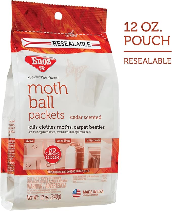 Enoz Moth-Tek Packets Cedar Scent - 12 oz. Bag (6) Kills Clothes Moths, Carpet Beetles, and Eggs and Larvae