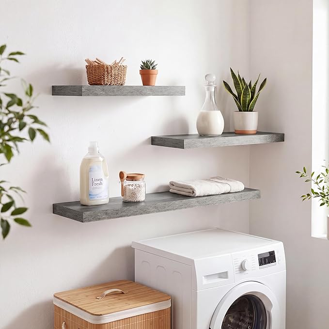 RICHFOCUS 20Inch Floating Shelves for Wall 2 Pack Shelves for Bedroom|Kitchen|Bathroom|Laundry Room Rustic Wood Wall Mounted Shelf with Invisible Brackets for Books|Storage|Decor, Grey
