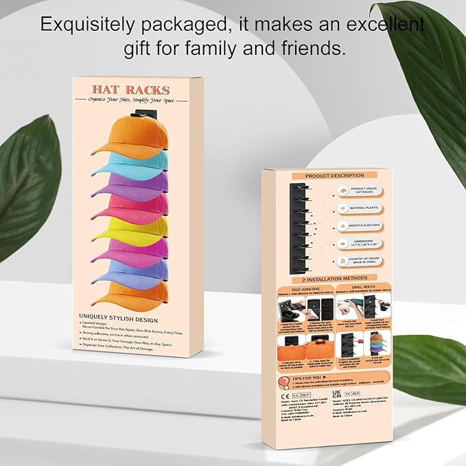 Eiito Hat Organizer for Baseball Caps, 1 Pack Strong Adhesive Hat Rack for Wall, Multilayer Hat Storage Display Holder, Wall Mounted Hat Hooks Hold up to 8 Hats for Closet (Black 1PCS)