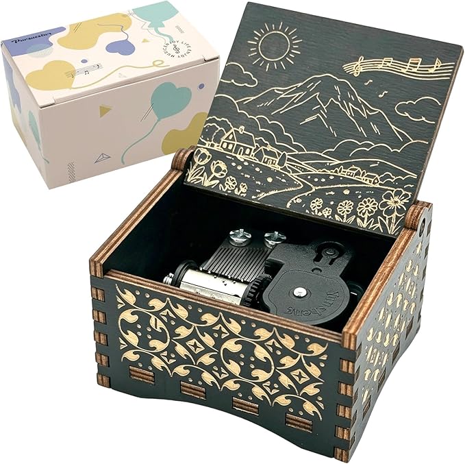 Pursuestar Black Wooden Wind Up Music Box - You are My Sunshine, Vintage Engraved Wood Mechanism Musical Gifts for Anniversary Mother's Day Valentine's Day Christmas Thanksgiving Birthday