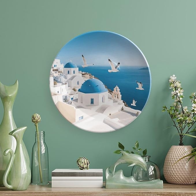 Santorini Greek Island Ceramic Display Plate Decorative Round Hanging Bone China Plate with Display Stand for Kitchen Dining Room Wine Cabinet Home Décor Art Decoration 6inch