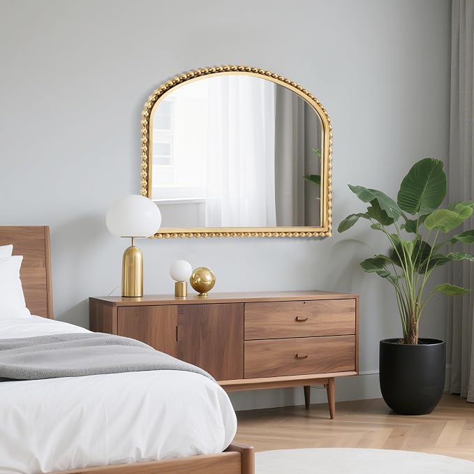 36x28 Inch Wide Arched Wall Mirror with Bold Antique Gold Beaded Frame, Decorative Mantel Mirror for Fireplace or Entryway, Horizontal Hanging Statement Mirror for Living Room Wall Decor