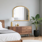 36x28 Inch Wide Arched Wall Mirror with Bold Antique Gold Beaded Frame, Decorative Mantel Mirror for Fireplace or Entryway, Horizontal Hanging Statement Mirror for Living Room Wall Decor