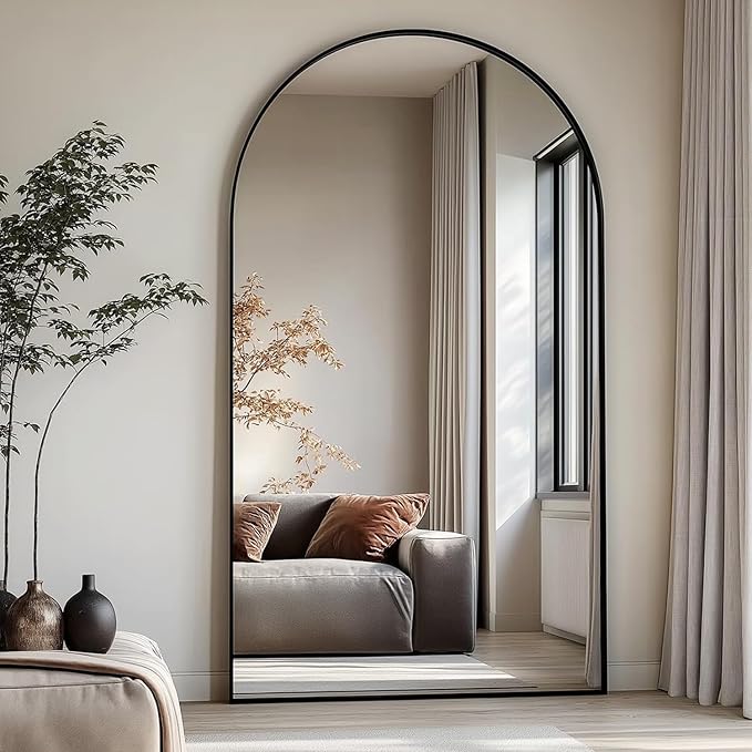 Prywot Arched Floor Mirror, 76 "x 34" Full Length Mirror Wall Mirrors Hanging or Leaning Arched-Top Full Body Mirrors with Stand for Bedroom, Dressing Room, Black