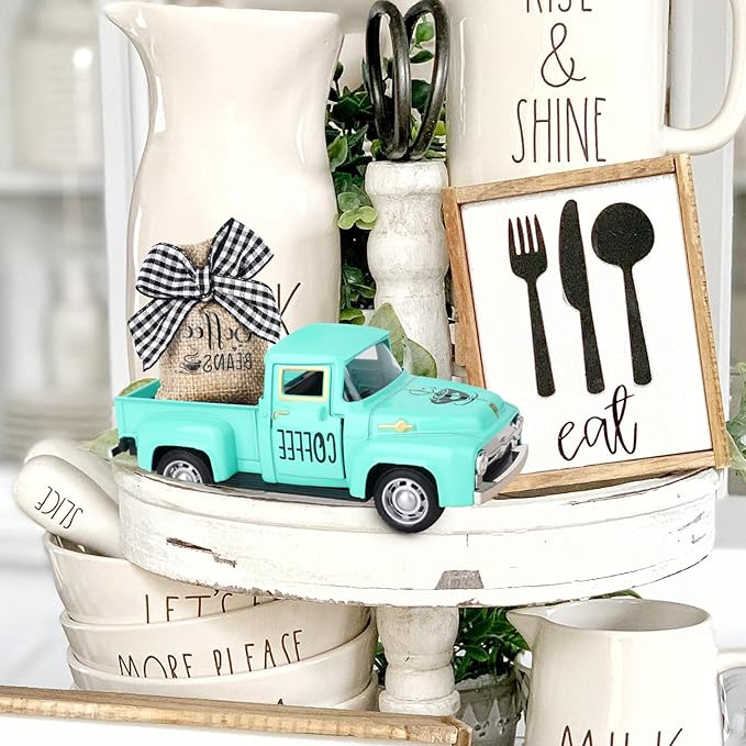 Hxezoc Coffee Decor for Coffee Bar Metal Truck with Coffee Beans Burlap Sack Vintage Pickup Mini Diecast Truck for Farmhouse Coffee Station Home Coffees Bar Tabletop Decorations (Blue)