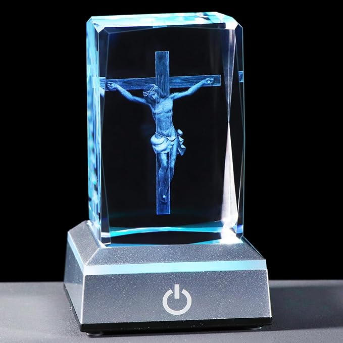 YWHL 3D Jesus Cross Figurine with Colorful Light Base, Laser Engraved Crucifix Religious Gift for Women Friends, Good Friday and Easter Day Christian Cross Decor