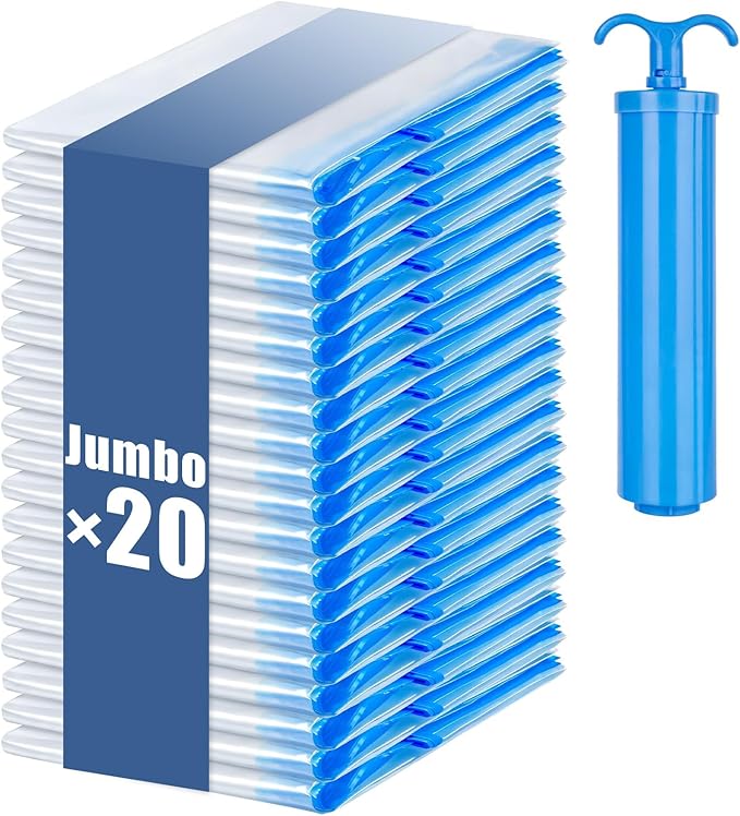 20 Jumbo Vacuum Storage Bags, Vacuum Seal Bags for Clothing Space Saver Compression Storage Bag with Hand Pump Extra Large for Clothing Travel Comforters Blankets Pillow Bedding Duvets Clothes
