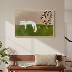Framed Neutral and Green Wall Art for Bedroom Decor, Large Cozy Cat Canvas Painting Artwork for Room Walls, Green Picture Print for Dining Room Nursery Guest Room Hallway Wall Art Decor, 24x36 Inch
