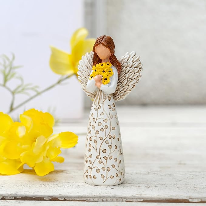 Hand-Painted Angel Figurine with Sunflower & Tree of Life Design - 5.9" Collectible Sculpture for Retirement Gifts, Home Decor, Sunflower Lovers