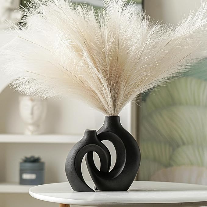 Snuggle Hollow Modern Ceramic Vase Set of 2, Mid Century Nordic Aesthetic Decorative Vase Decorative Vases for Home Table Decor (Matte Black W 6.3" X H 8.4")
