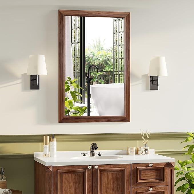 Bathroom Mirror for Over Sink,22x30Inch Thick Anti-Rust Wood Grain Metal Frame, Rectangle Decorative Wall Mirror with HD Tempered Glass, Horizontal or Vertical Mount for Vanity, Bathroom,Living Room