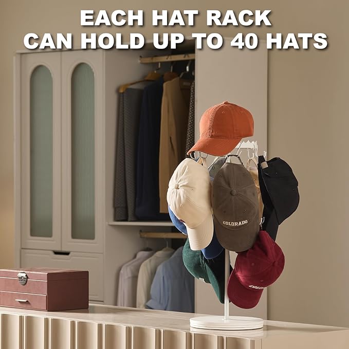 Rotating Hat Organizer for Baseball Caps, 3-Tier Merchandise Display & Tabletop Hat Organizer with Tray Holds 40+ Caps,Hat Stand for Vendor & Home Use in Bedroom, Closet, Dresser, Office