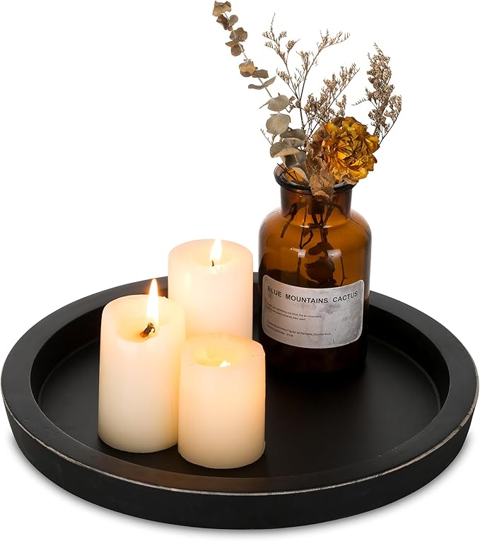 Hanobe Candle Plate Holder Tray: Round Wood Decorative Candle Plate - Rustic Farmhouse Coffee Table Decor - Tealight Pillar Trays for Home Decor (Black)