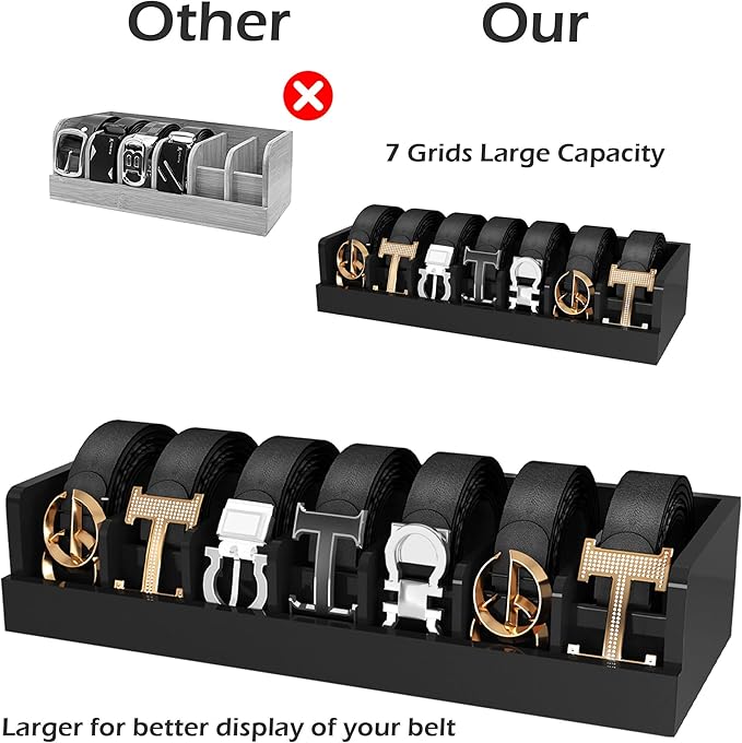 Bamboo Belt Storage Organizer Box - Belt Organizer for Closet | Wooden Belt Tie Hanger Racks for Men Women Drawer | Belt Display Holder Wall Mount with 2 Pcs Tie Clip (Black, 2 7GRIDS)