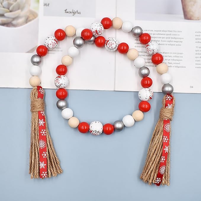 Christmas Decro Wood Bead Garland Tassels 1 Pack 40inch Farmhouse Boha Beaden Wooden Garlands for Holiday Coffee Table Wall Hanging Tiered Tray Decoration Mantel Shelf Thanksgiving