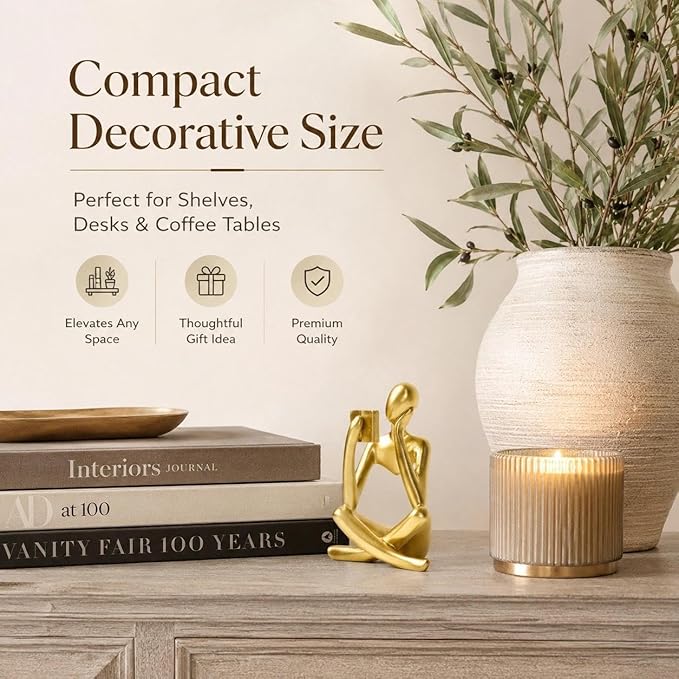 Gold Accent Bookshelf Decor Thinker Statue, Abstract Reading Figurine Style B, Resin Decorative Bookend for Coffee Table, Shelf, Office, Library