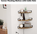 Corner Shelf Wall Mounted, Set of 3 Corner Floating Shelves with Cord Hole and Guardrail for Cable Box, Baby Monitor Pet Cameras, Speaker, Nursery Kitchen Living Room Bathroom, Dark Brown