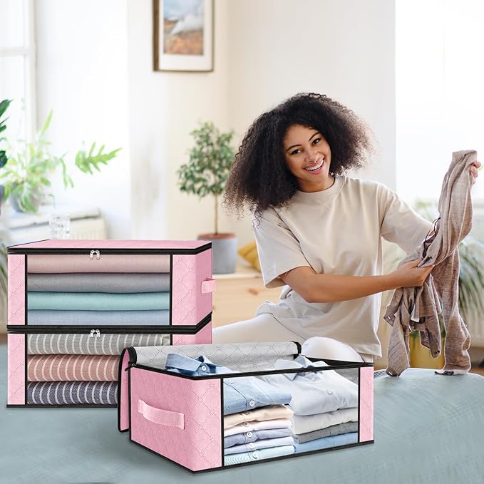 HomeHacks Storage 6-Pack Clothes Organizer Storage Bags Foldable Storage Box with Large Clear Window Sturdy Handles for Closet, Dorm, Pillows, Bedding, Clothes, Blankets, 35L, Pink