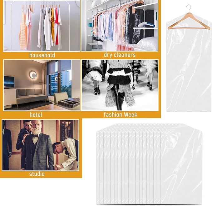 20 Pack Clear Clothes Covers 23.6x47.2 inch Plastic Garment Bags Dry Cleaner Bags for Hanging Clothes Dust-proof Transparent Clothing Protector Covers for Closet Storage