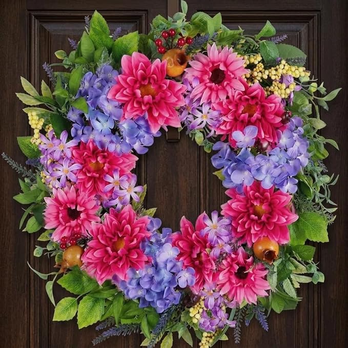 NUPTIO Summer Wreath for Front Door: 24 Inch Spring Wreaths with Hydrangea Lavender Lilac Dahlia Gerbera Hanger - Outdoor Indoor Realistic Artificial Flowers Holiday Decor for Wall Window Porch