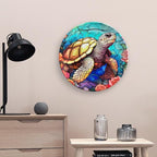 Decorative Plates for Wall Hanging, Sea Turtle Stained Glass Print Ceramic Plate w/Display Stand, Home Decor for Kitchen Cabinets, Farmhouse Round Tray 10 Inch, Gift for Turtle Lovers