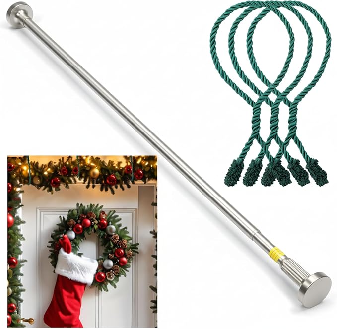 Leinuosen Christmas Front Door Garland Hanger 43-74 Inch Adjustable Christmas Wreath Hanger Stainless Steel Retractable Rod with 3 Green Tie Ropes No Nail Screw No Damage for Xmas DIY Hanging(Silver)