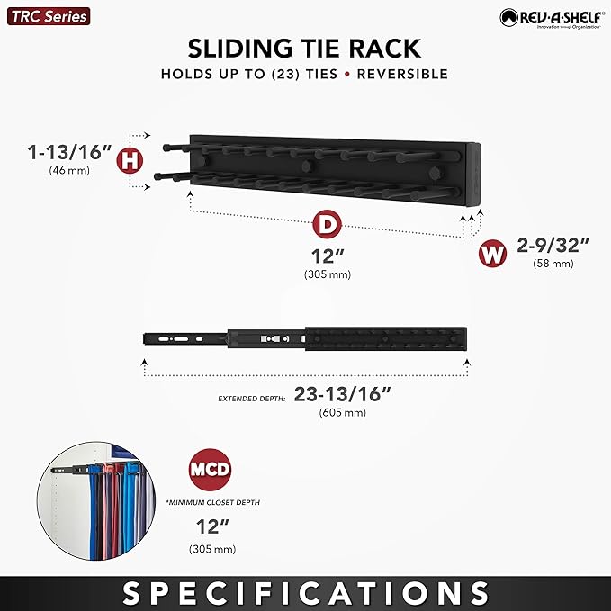 Rev-A-Shelf Pull Out 12" Side Mount Extending Closet Tie & Belt Organization Storage Rack Holder for Up to 23 Ties, Chrome, TRC-12CR