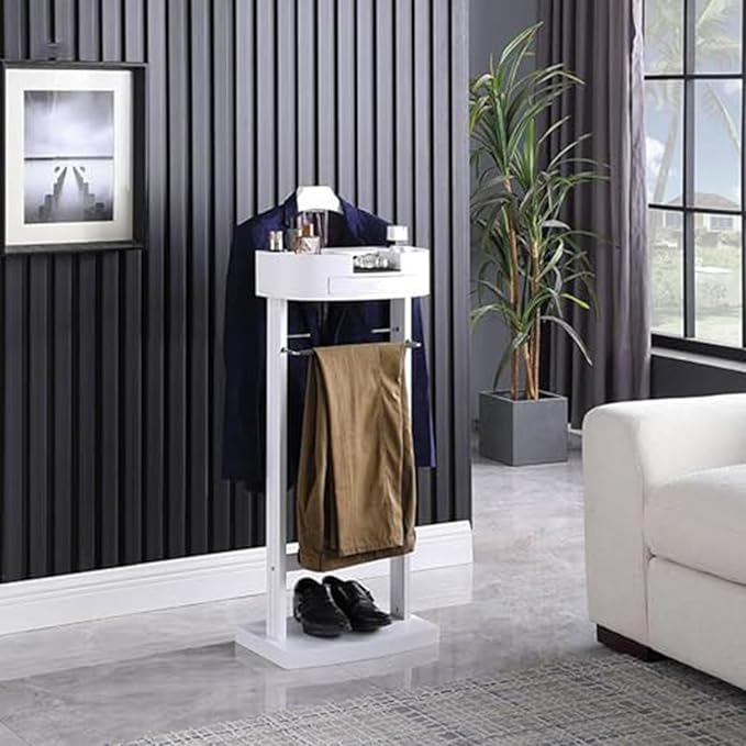Suit Stands Butler Clothing Racks Wood Suit Valet Stand Clothes Rack with Base Floor Standing Suit Hanger Rack with Drawer, Top Tray,for Office Living Room Bed Room ﻿43X33.5X107CM(White)