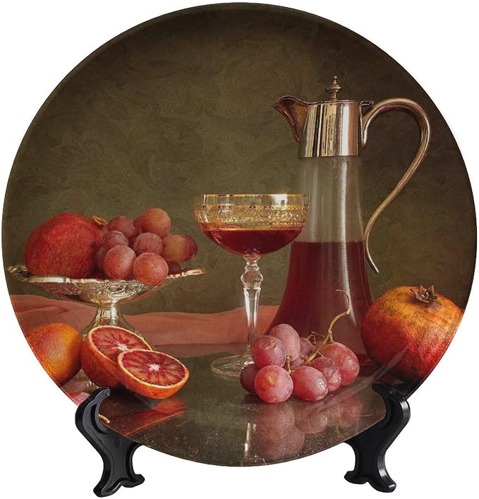 Decorative Plate Holder, 6 Inch, Blood Orange Grape Pomegranate Cider Round Display Plate, Decorative Plates with Stand, for Wall Hanging Living Room Bathroom Decor Gift