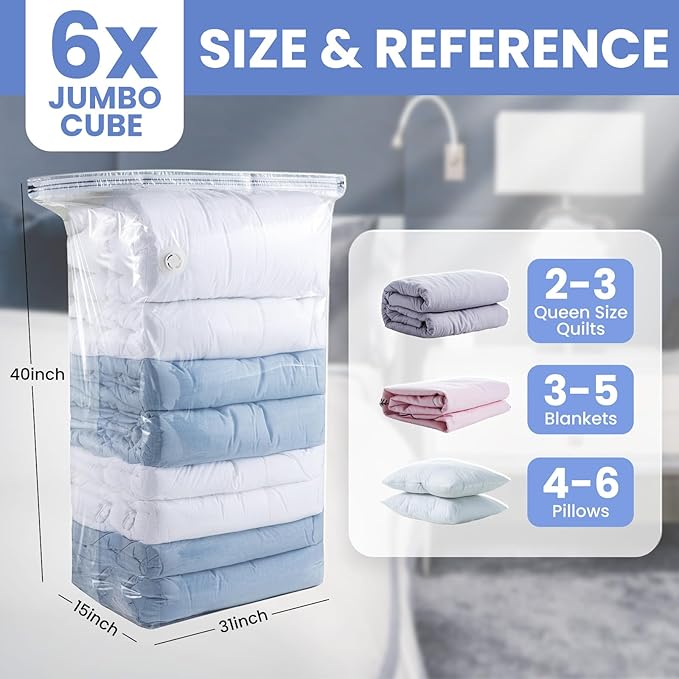 6 Pack Vacuum Storage Bags, Jumbo Cube 31x40x15 Inch, Extra Large Vacuum seal Bgas for Comforters, Blankets, Pillow, Quilts, Space Saver Clost Oragnization-Clear